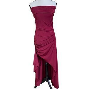 Burgundy Long Waterfall Strapless Asymmetrical‎ Cocktail Dress